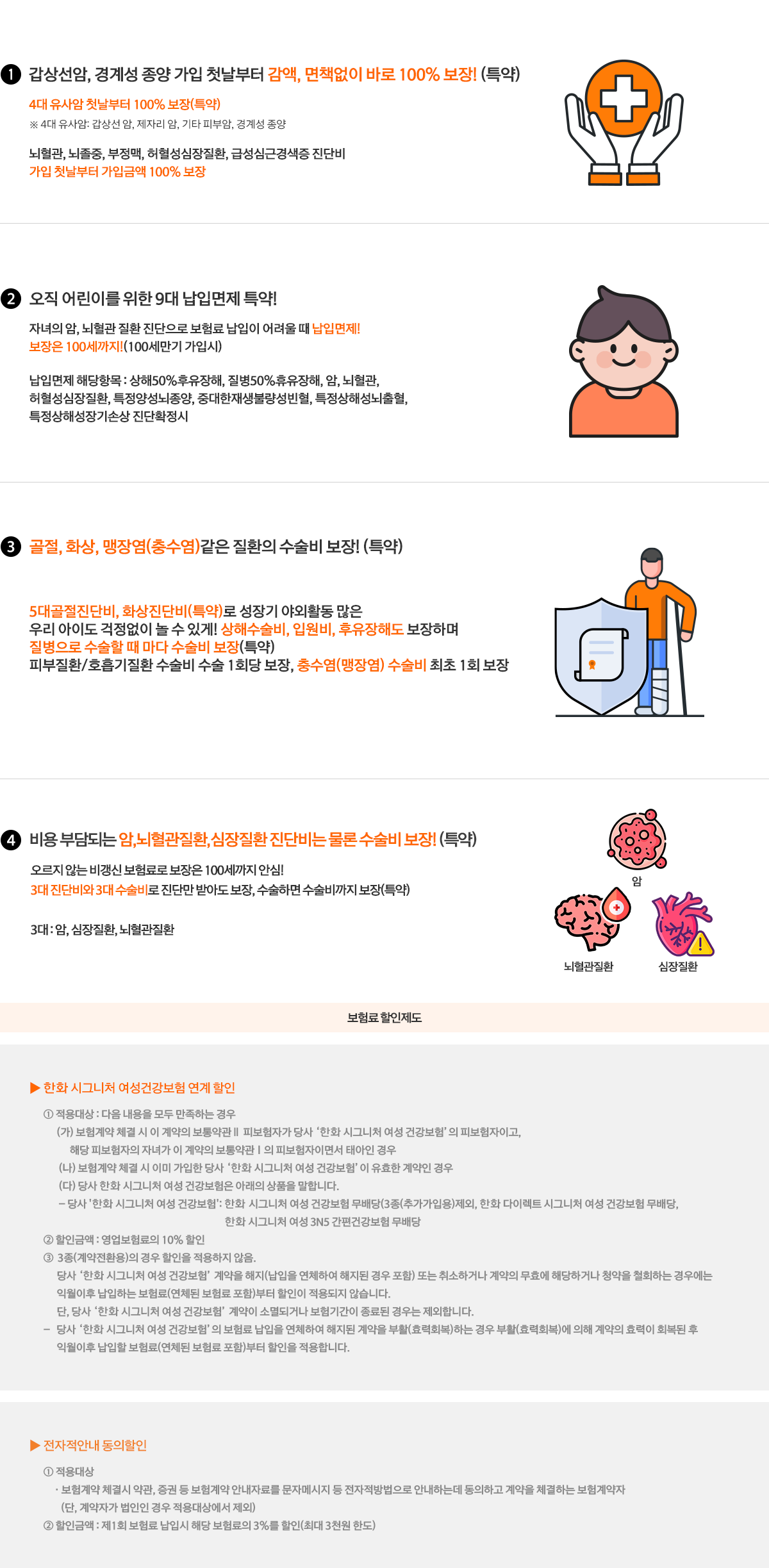 1. 소중한 우리아이 100세까지 비갱신형 어린이보험으로 든든하게! (100세만기, 비갱신형 가입시) / 2. 급여, 비급여 구분없이 상해, 질병 수술비 보장 (특약) / 3. 음식, 곤충, 약물로 인한 알레르기! 응급의료아나필락시스 진단비 보장 (특약) / 4. 4대 유사암 진단 시 보장보험료 50% 납입지원 (특약) / 5. 7대질병 중 하나만 진단받아도 보험료 납입면제 / ★보험가입혜택 전자적 안내동의시 첫 회 영업보험료 3% 할인(최대 3천원한도)