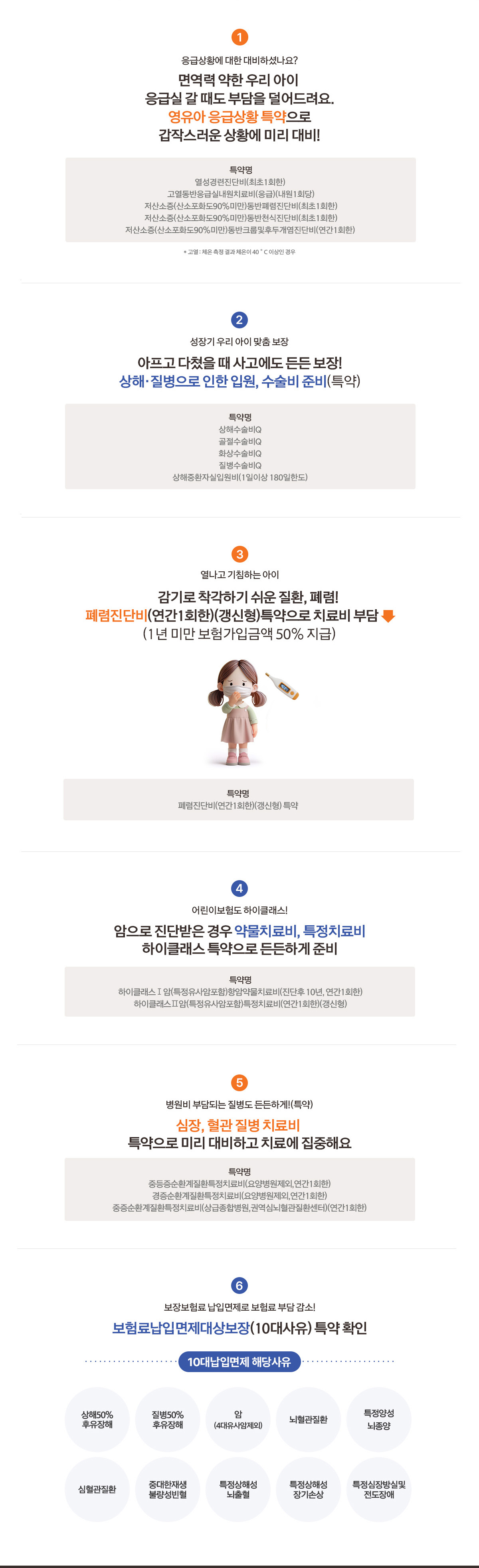 
                      1.응급상황에 대한 대비하셨나요 ? 면역력 약한 우리 아이 응급실 갈 때도 부담을 덜어드려요. 영유아 응급상황 특약으로 갑작스러운 상황에 미리 대비! 
                     /2.성장기 우리 아이 맞춤 보장 아프고 다쳤을 때 사고에도 든든 보장! 상해,질병으로 인한 입원, 수술비 준비(특약) 
                      / 3.열나고 기침하는 아이 감기로 착각하기 쉬운 질환, 폐렴! 폐렴진단비(연관1회한)(갱신형)특약으로 치료비 부담↓(1년 미만 보험가입금액 50% 지급)
                      / 4.어린이보험도 하이클래스! 암으로 진단받은 경우 약물치료비, 특정치료비 하이클래스 특약으로 든든하게 준비 
                      / 5.병원비 부담되는 질병도 든든하게!(특약) 심장, 혈관 질병 치료비 특약으로 미리 대비하고 치료에 집중해요 
                      / 6.보장보험료 납입면제로 보험료 부담 감소! 아플 때 치료에만 집중할 수 있도록 보험료납입면제대상보장(10대사유) 특약 확인 10대 납입면제 해당사유 상해50%후유장해, 질병50%후유장해, 암(4대유사암제외), 뇌혈관질환, 특정양성 뇌종양, 심혈관질환, 중대한 재생불량성빈혈, 특정상해성 뇌출혈, 특정상해성 장기손상, 특정심장방실및전도장애