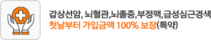 갑상선암, 뇌혈관, 뇌졸중, 부정맥, 급성심근경색 첫날부터 가입금액 100% 보장(특약)