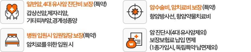 일반암, 4대 유사암 진단비 보장(특약) 갑상선암, 제자리암, 기타피부암, 경계성종양 / 암수술비, 암치료비 보장(특약) 항암방사선, 항암약물치료비 / 병원 입원시 입원일당 보장(특약) 암치료를 위한 입원시 / 암진단시(4대유사암제외) 보장보험료 납입 면제 (1종가입시,독립특약 납면제외)