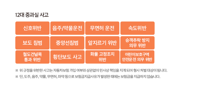 12대 중과실 사고 신호위반 음주/약물운전 무면허 운전 속도위반 보도 침범 중앙선침범 앞지르기 위반 승객추락 방지 의무 위반 철도건널목 통과 위반 횡단보도 사고 화물 고정조치 위반 어린이보호구역 안전운전 의무 위반 ※ 위 규정을 위반한 사고는 자동차보험 가입 여부와 상관없이 민사상 책임을 지게 되어 형사 처벌 대상이 됩니다. ※ 단, 도주, 음주, 약물, 무면허, 마약 등으로 보험금지급사유가 발생한 때에는 보험금을 지급하지 않습니다.