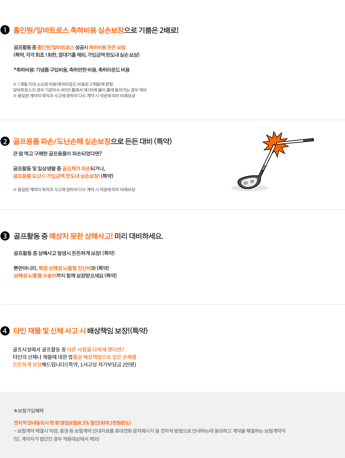 1.홀인원/알바스트로 축하비용 실손보장으로 기쁨 2배로! - 골프활동 중 홀인원/알바트로스 성공시 축하비용 든든 보장(특약,각각 최초 1회한, 깔대기홀 제외, 가입금액 한도 내 실손 보상) *축하비용:기념품 구입비용, 축하만찬 비용, 축하라운드 비용 * 1개월 이내 소요된 비용에 한함(단, 축하라운드 비용은 3개월 이내에 소요된 금액)	알바트로스의 경우 기준타수 4타인 홀에서 제1타에 볼이 홀에 들어가는 경우는 보상하지 않습니다. * 동일한 계약의 목적과 사고에 관하여 다수 계약 시 약관에 따라 비례보상합니다. 2.골프용품 파손/도난손해 실손보장으로 든든 대비(특약) - 큰 맘 먹고 구매한 골프용품이 파손되었다면? 골프활동 및 일상생활 중 골프채가 파손되거나, 골프용품 도난시 가입금액 한도내 실손보장!(특약) *동일한 계약의 목적과 사고에 관하여 다수 계약 시 약관에 따라 비례보상합니다. 3.골프활동 중 예상치 못한 상해사고! 미리 대비하세요 - 골프활동 중 상해사고 발생 시 든든하게 보장!(특약) 뿐만아니라, 특정 상해성 뇌출혈 진단비와 (특약) 상해성 뇌출혈 수술비까지 함께 보장받으세요(특약) 4. 타인 재물 및 신체 사고 시 배상책임 보장!(특약) - 골프시설에서 골프활동 중 다른 사람을 다치게 했다면? 타인의 신체나 재물에 대한 법률상 배상책임으로 입은 손해를 든든하게 보장해드립니다!(특약, 1사고당 자기부담금 2만원)