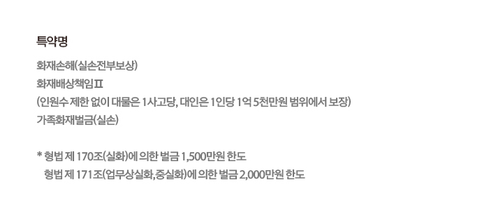 특약명 화재손해(실손전부보상) 화재배상책임Ⅱ (인원수 제한 없이 대물은 1사고당, 대인은 1인당 1억 5천만원 범위에서 보장) 가족화재벌금(실손) * 형법 제170조(실화)에 의한 벌금 1,500만원 한도 형법 제171조(업무상실화,중실화)에 의한 벌금 2,000만원 한도