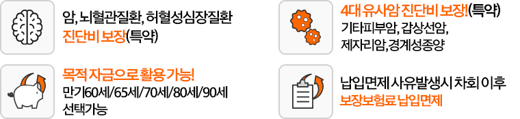 암, 뇌혈관질환, 허혈성심장질환 진단비보장(특약) / 4대 유사암 진단비 보장!(특약) 기타피부암, 갑상선암, 제자리암, 경계성종양 / 목적 자금으로 활용 가능! 만기60세/65세/70세/80세/90세 선택가능 / 납입면제 사유발생시 차회이후 보장보험료 납입면제