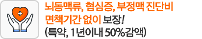 뇌동맥류, 협심증, 부정맥 진단비 면책기간없이 보장!(특약, 1년이내 50%감액)
