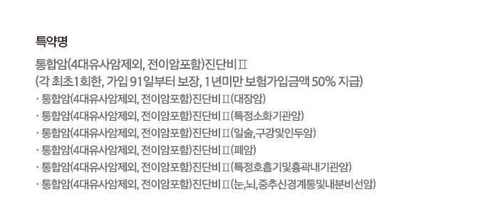 특약명통합암(4대유사암제외, 전이암포함)진단비ᄑ(각 최초1회한, 가입 91일부터 보장, 1년미만 보험가입금액 50% 지급)•통합암(4대유사암제외, 전이암포함)진단비(대장암)•통합암(4대유사암제외, 전이암포함)진단비(특정소화기관암)•통합암(4대유사암제외, 전이암포함)진단비(일술,구강및인두암)•통합암(4대유사암제외, 전이암포함)진단비 •통합암(4대유사암제외, 전이암포함)진단비 •통합암(4대유사암제외, 전이암포함)진단비(폐암)(특정호흡기및흉곽내기관암) (눈,뇌,중추신경계통및내분비선암)