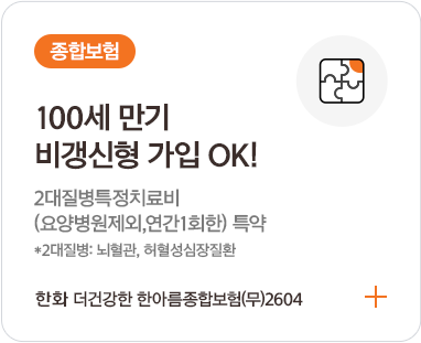 종합보험 100세 만기 비갱신형 가입 OK! 2대질병특정치료비 (요양병원제외,연간1회한) 특약 *2대질병: 뇌혈관, 허혈성심장질환 한화 더건강한 한아름종합보험(무)2604