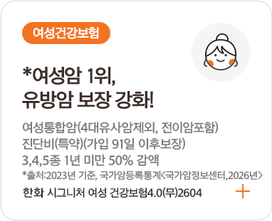 여성건강보험최대 세번 지급되는출산지원금 특약 보장!출산지원금(세부보장별 각1회한) 특약가입연령 : 만 15~38세*가입 1년~2년미만 보험가입금액의 50%(가입 1년간 보장제외)한화 시그니처 여성 건강보험4.0(무)2604+