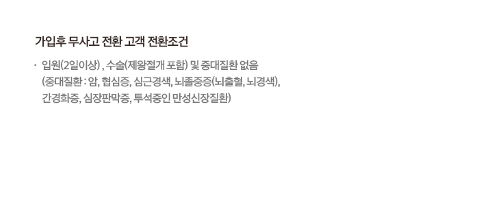 가입후 무사고 전환 고객 전환조건 입원(2일이상) ,수술(제왕절개 포함) 및 중대질환 없음 (중대질환:암, 혈심증, 심근경색, 뇌졸중증(뇌출혈, 뇌경색), 간경화증, 심장판막증, 투석중인 만성신장질환)