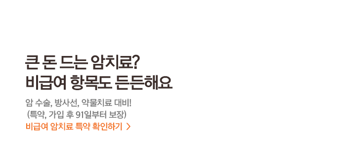 큰 돈 드는 암치료? 비급여 항목도 든든해요 암 수술, 방사선, 약물치료 대비!(특약, 가입 후 91일부터 보장) 비급여 암치료 특약 확인하기 >  